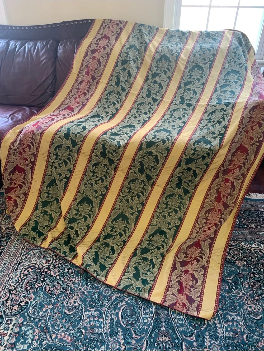 Vintage Damask Stripe Drapery Panel 102x59 Green Burgundy Gold Brocade